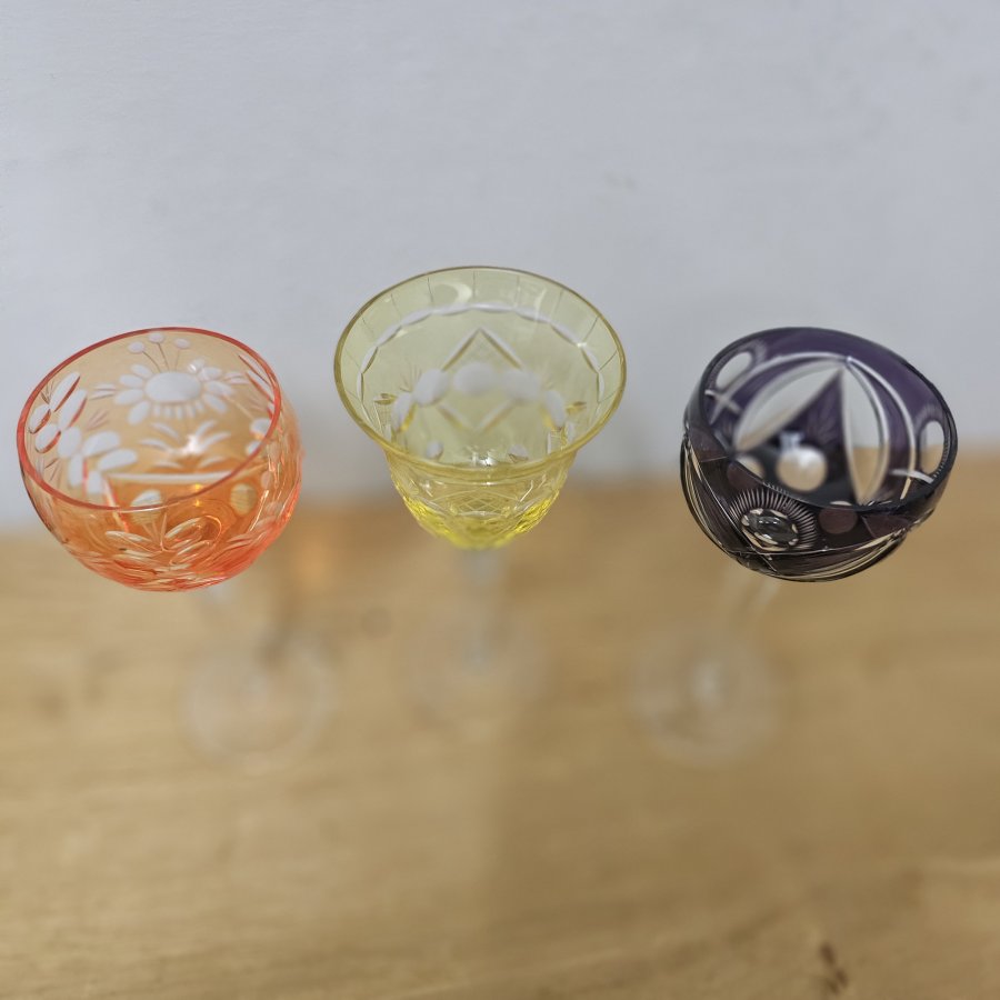 3 Vintage Weinrömer Überfangglas geschliffen – Kristallgläser bunt im Set