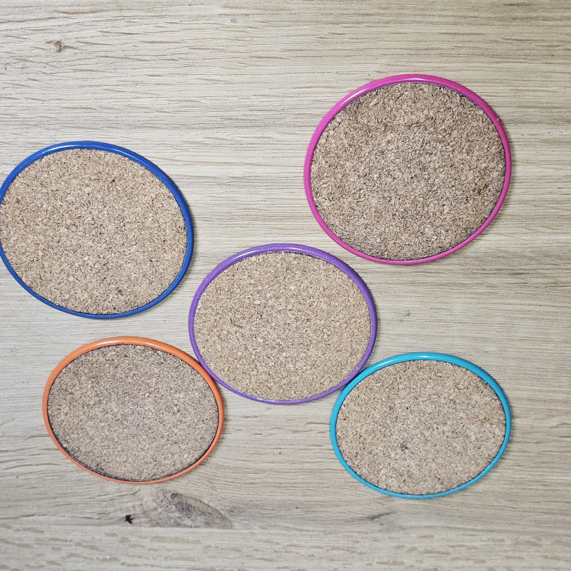 Set of 5 glass coasters, 1970s Op Art, colourful, cork-backedSet of 5 glass coasters, 1970s Op Art, colourful, cork-backed
