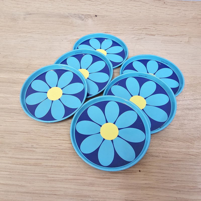 6 Worcesterware Untersetzer · 70er Jahre · Flower Power · Metall bunt