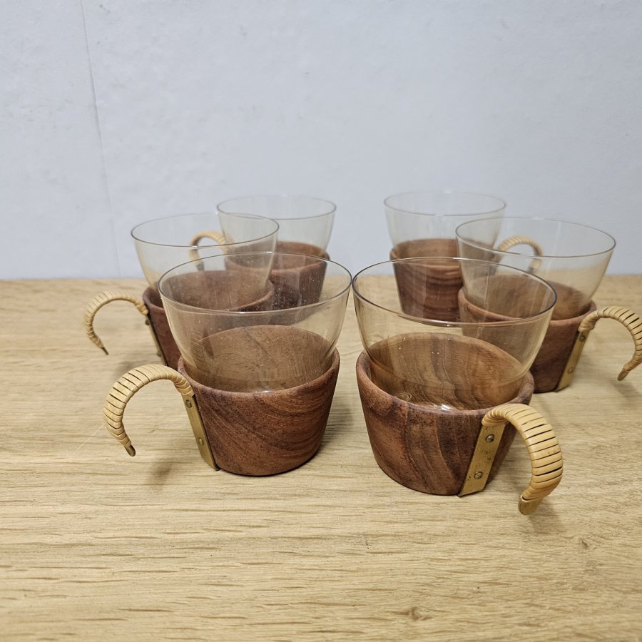 6 Midcentury Teetassen 50er Jahre Teak & bernsteinfarbenes Glas Auböck Stil