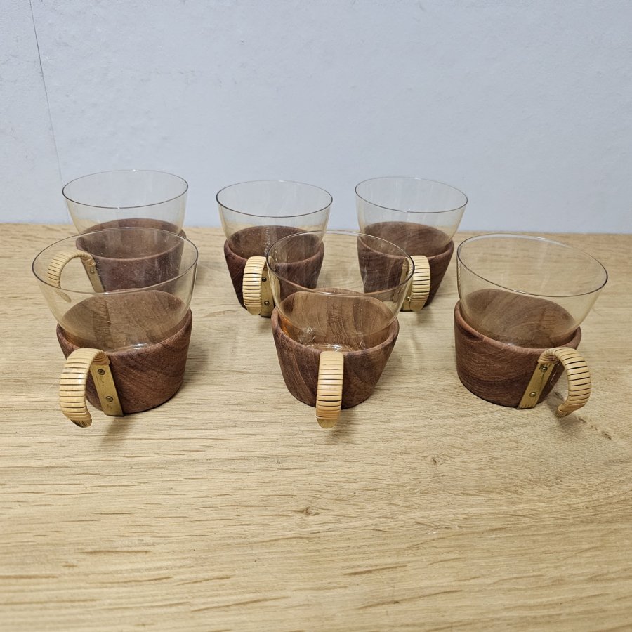 6 Midcentury Teetassen 50er Jahre Teak & bernsteinfarbenes Glas Auböck Stil
