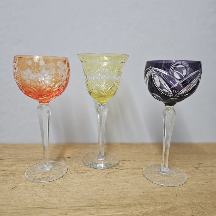 3 Vintage Weinrömer Überfangglas geschliffen – Kristallgläser bunt im Set
