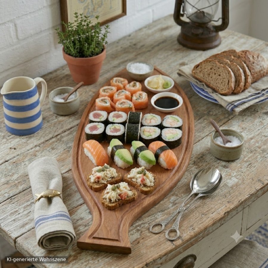 Großes Fisch-Serviertablett aus Teakholz – 70 cm – Scandinavian Modern / maritime Wanddeko