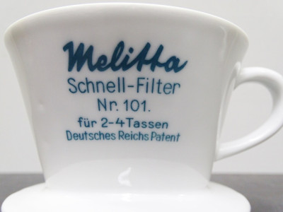 Melitta Quick-Filter 101 German imperial patent oval plate, blue lettering, cup filter from Melitta, coffee filter 30s