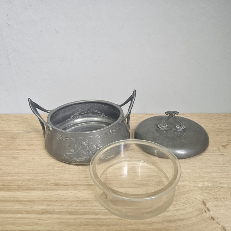 Jugendstil Zinn Zuckerdose / Kaviardose mit Glaseinsatz