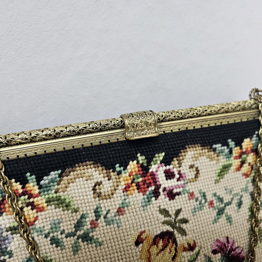 Vintage Gobelin Handtasche 60er Jahre mit Needlepoint Stickerei in Handarbeit