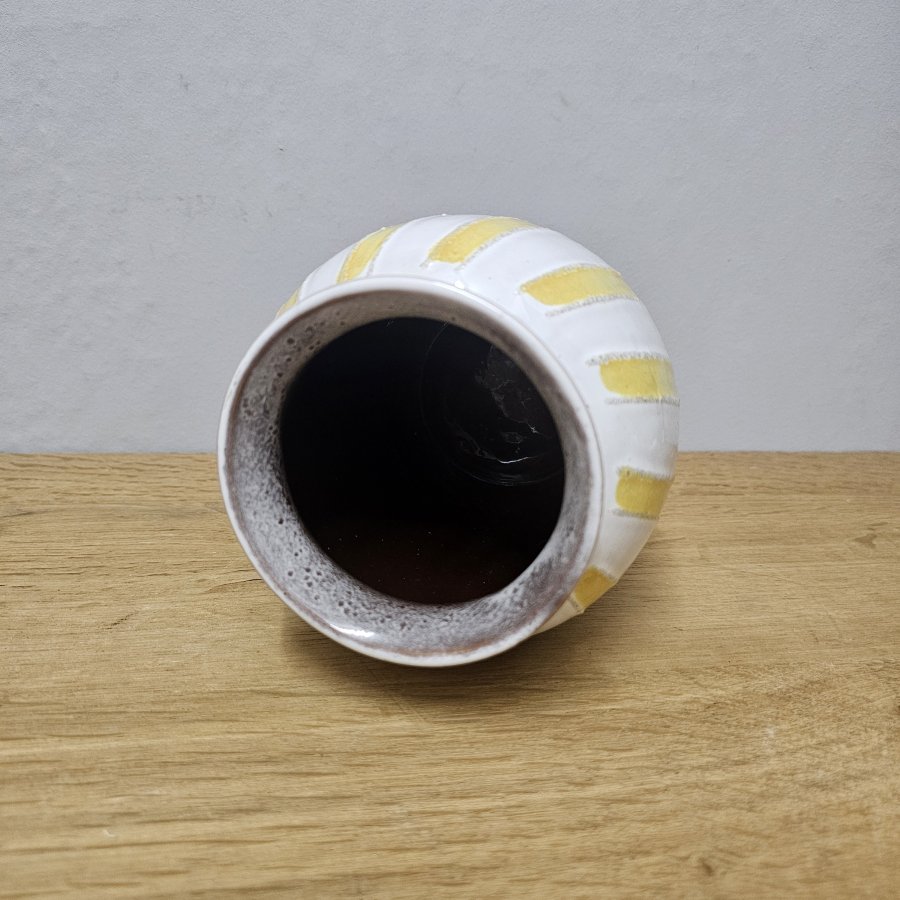 Vintage Keramikvase Strehla Form 1518 – gelb weiß gestreift – DDR 60er