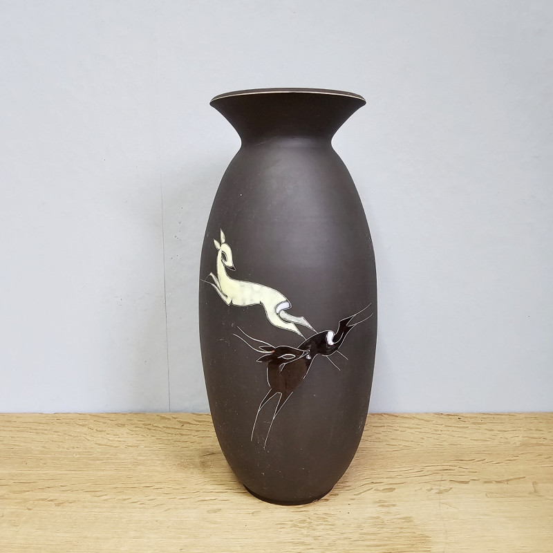 Arno Kiechle Vase, 1950er Jahre, Rehdekor, Sgraffito, 32 cm