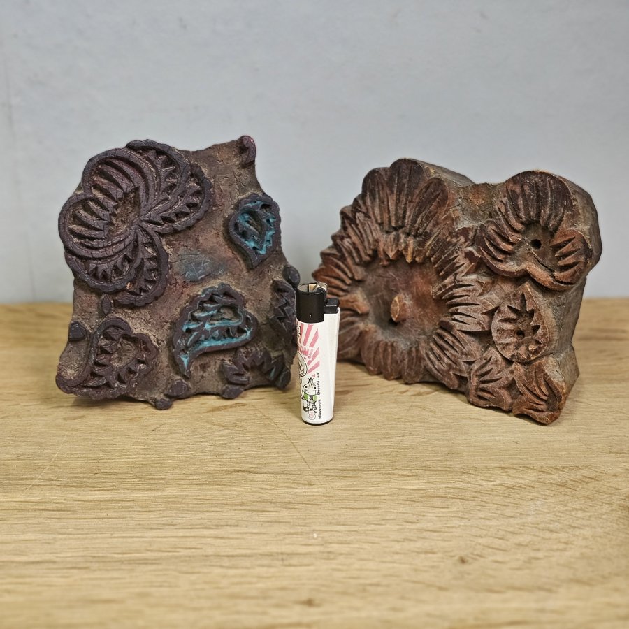 2 antique wood textile printing blocks / hand carved fabric print stamps / folk art