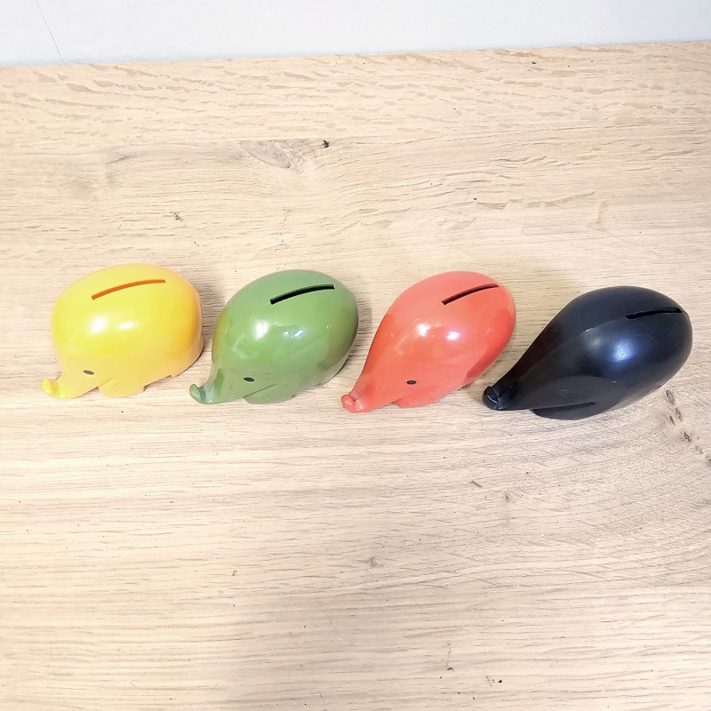 4 Drumbo elephant money banks – Dresdner Bank, Bernd Diefenbach 1972, Colani elephant