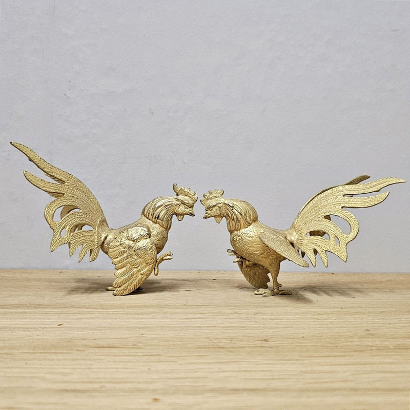 Vintage Gold-Colored Fighting Roosters · Metal Casting · 1960s/70s