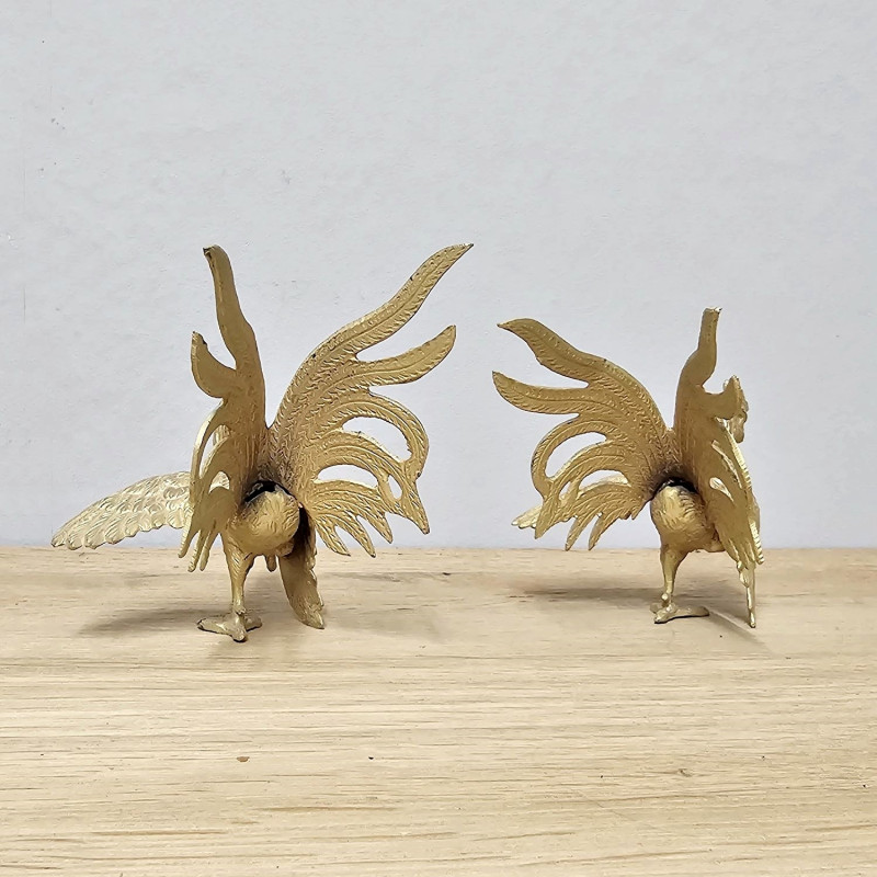 Vintage Gold-Colored Fighting Roosters · Metal Casting · 1960s/70s
