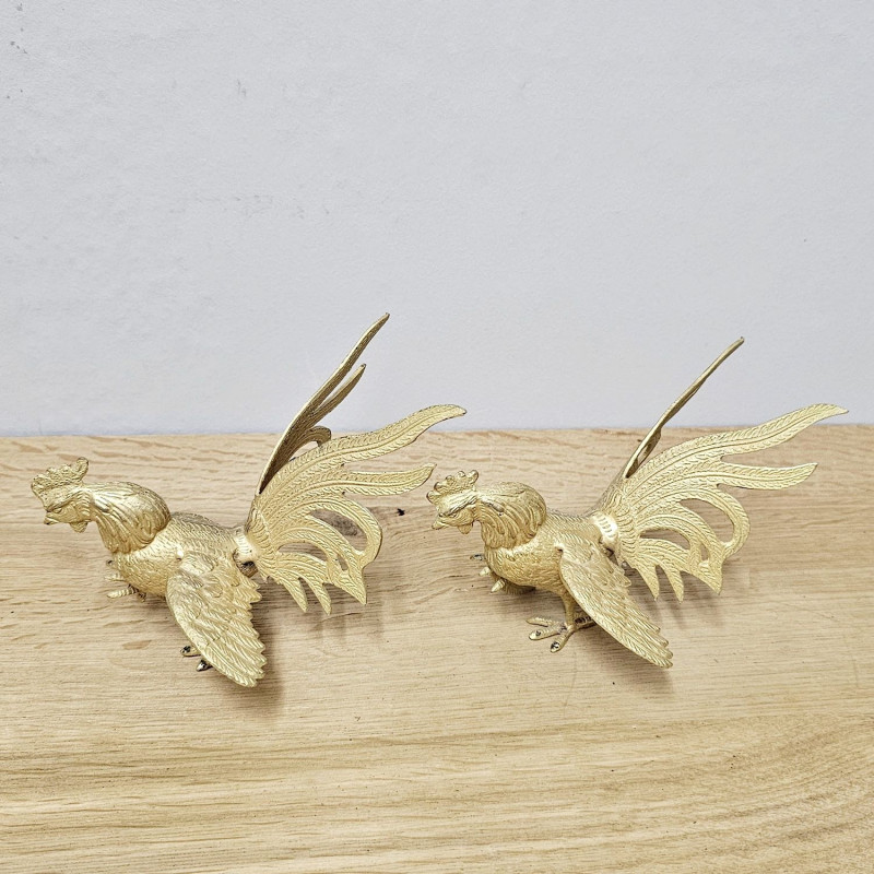 Vintage Gold-Colored Fighting Roosters · Metal Casting · 1960s/70s