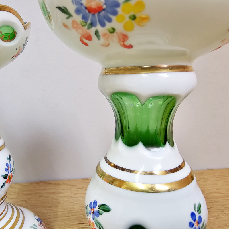 Böhmische Überfangglas Kerzenständer Handbemalt Nový Bor