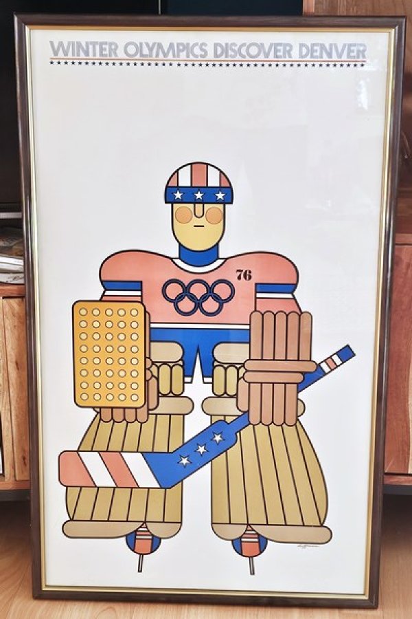 Original Denver 1976 Olympia-Poster / Plakat– Eishockey – Gene Hoffman – Offsetdruck – 90×60 cm gerahmt