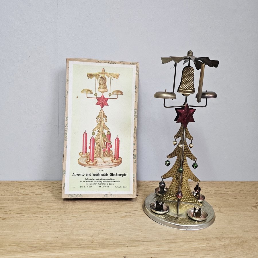 Vintage East German Christmas Chime • Metal Carousel Pyramid with Lauscha Glass Ornaments (1950s, boxed)