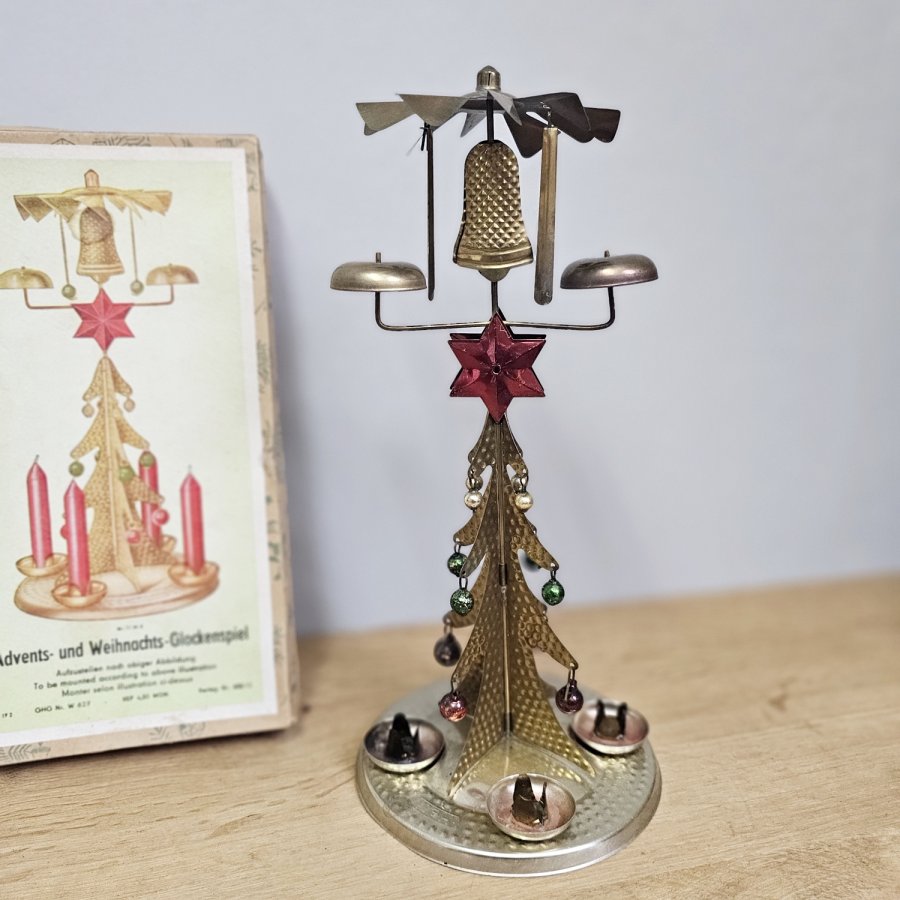 Vintage East German Christmas Chime • Metal Carousel Pyramid with Lauscha Glass Ornaments (1950s, boxed)