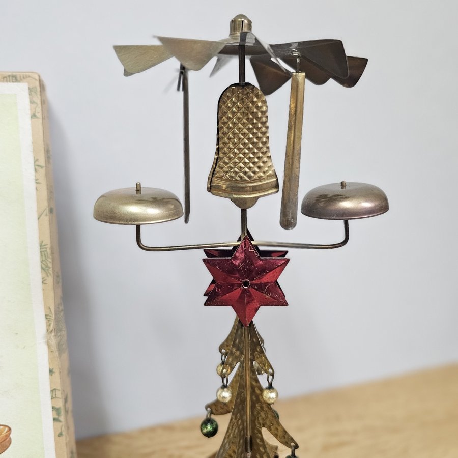 Vintage East German Christmas Chime • Metal Carousel Pyramid with Lauscha Glass Ornaments (1950s, boxed)
