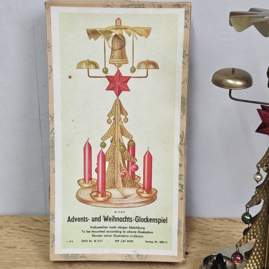 Vintage East German Christmas Chime • Metal Carousel Pyramid with Lauscha Glass Ornaments (1950s, boxed)