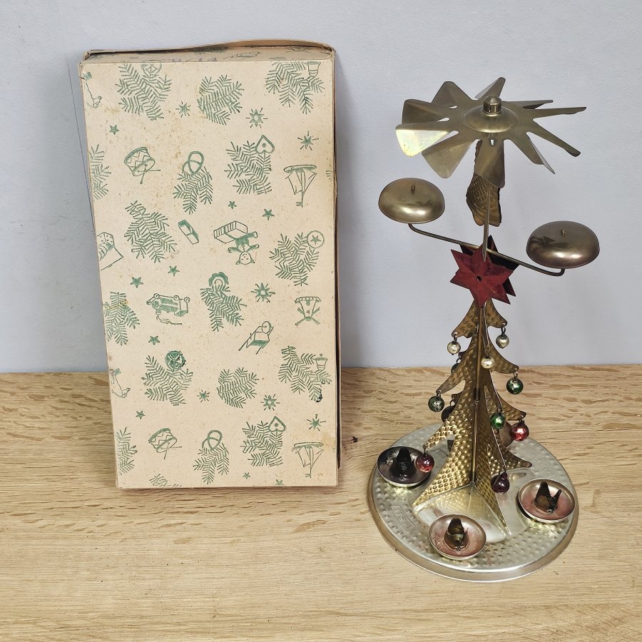 Vintage East German Christmas Chime • Metal Carousel Pyramid with Lauscha Glass Ornaments (1950s, boxed)