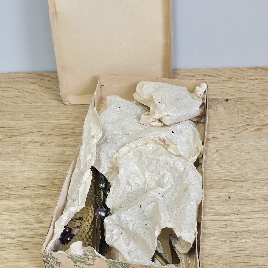 Vintage East German Christmas Chime • Metal Carousel Pyramid with Lauscha Glass Ornaments (1950s, boxed)