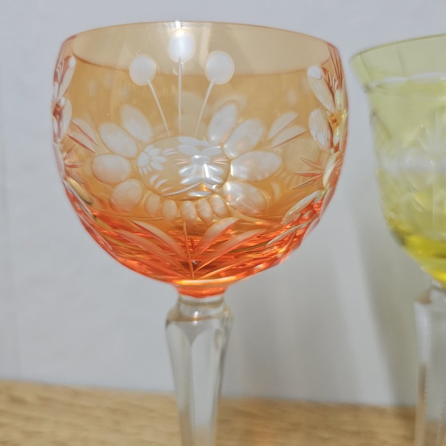 3 Vintage Weinrömer Überfangglas geschliffen – Kristallgläser bunt im Set