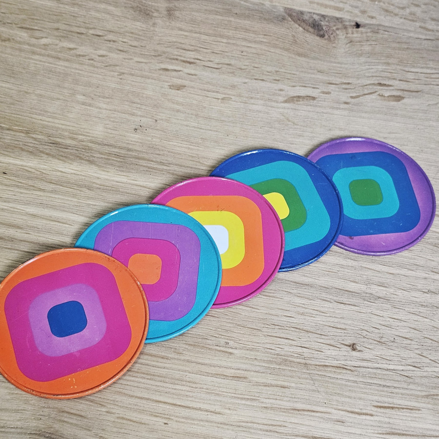 Set of 5 glass coasters, 1970s Op Art, colourful, cork-backedSet of 5 glass coasters, 1970s Op Art, colourful, cork-backed