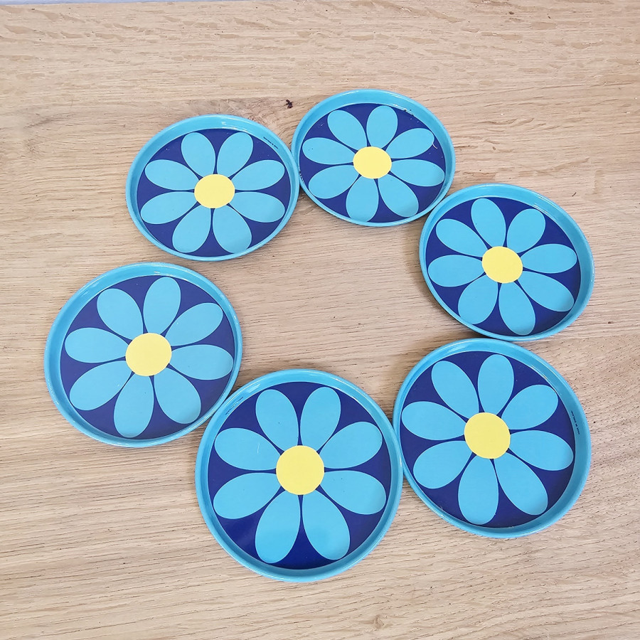 6 Worcesterware Untersetzer · 70er Jahre · Flower Power · Metall bunt