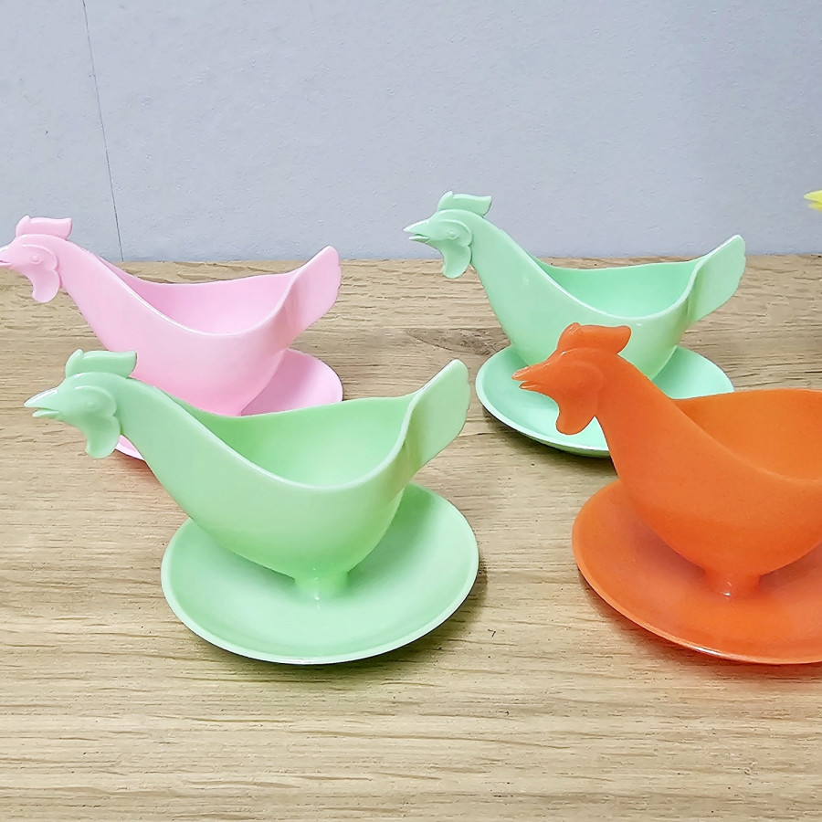 6er-Set Sonja Plastik Eierbecher Huhn · Original DDR · 70er · Pastell