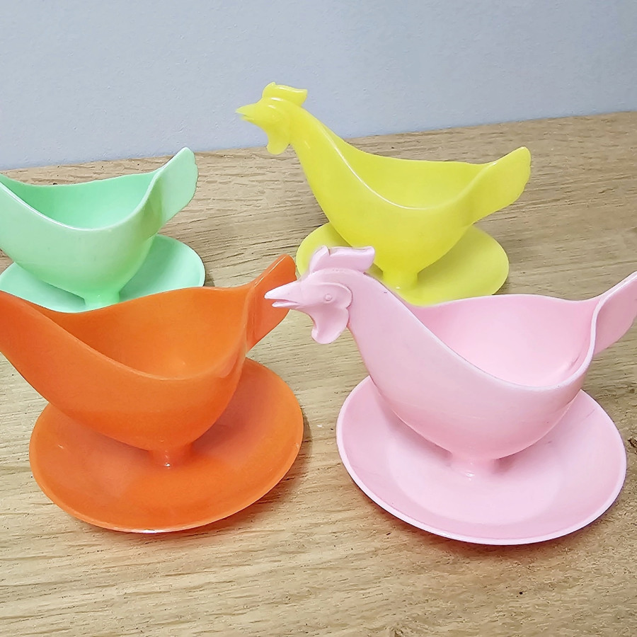6er-Set Sonja Plastik Eierbecher Huhn · Original DDR · 70er · Pastell