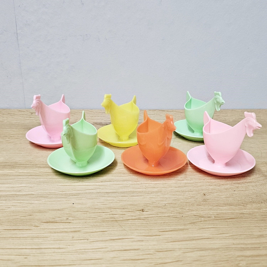 6er-Set Sonja Plastik Eierbecher Huhn · Original DDR · 70er · Pastell