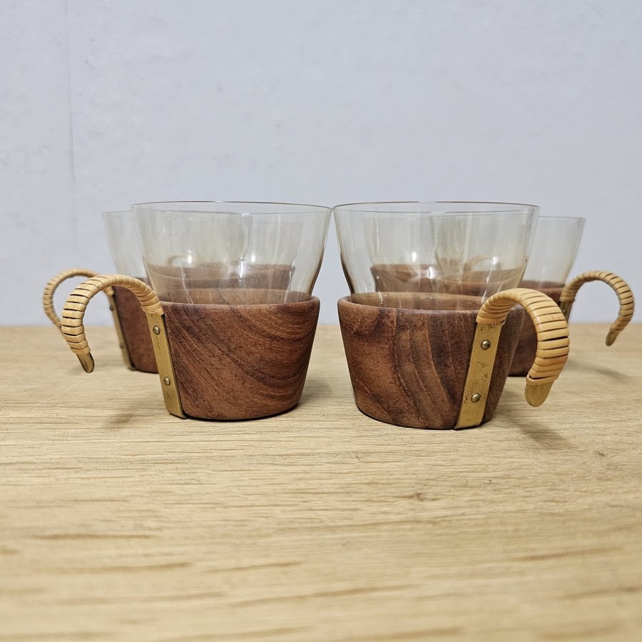 6 Midcentury Teetassen 50er Jahre Teak & bernsteinfarbenes Glas Auböck Stil
