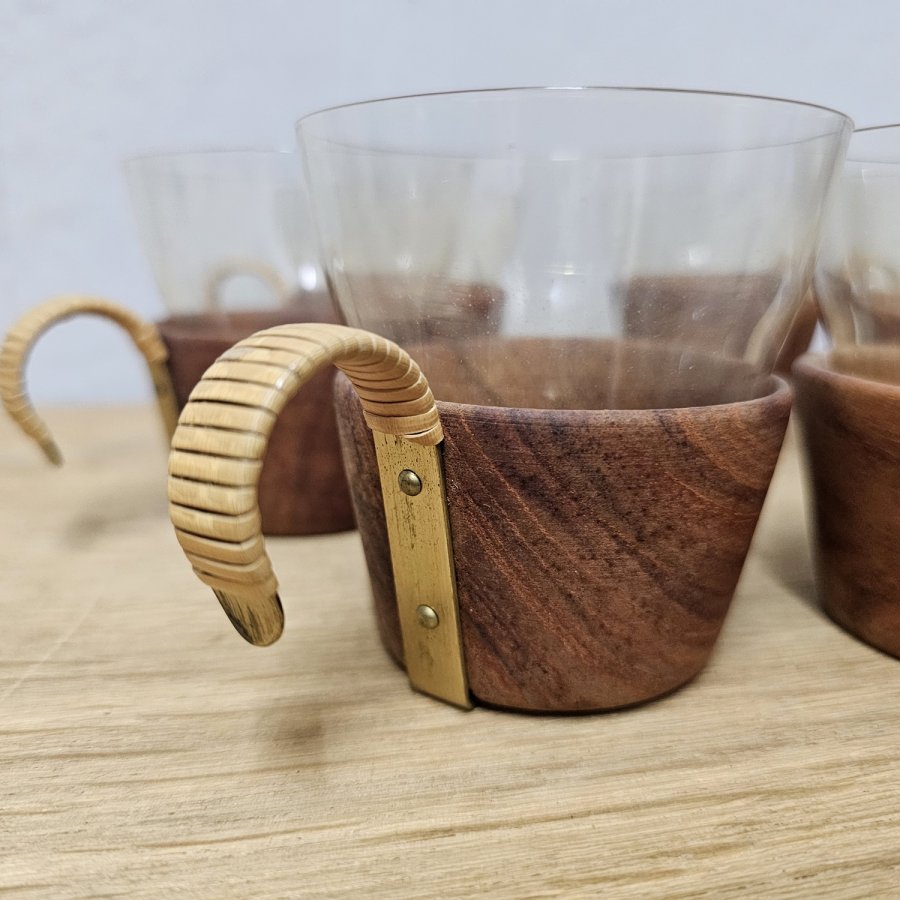 6 Midcentury Teetassen 50er Jahre Teak & bernsteinfarbenes Glas Auböck Stil