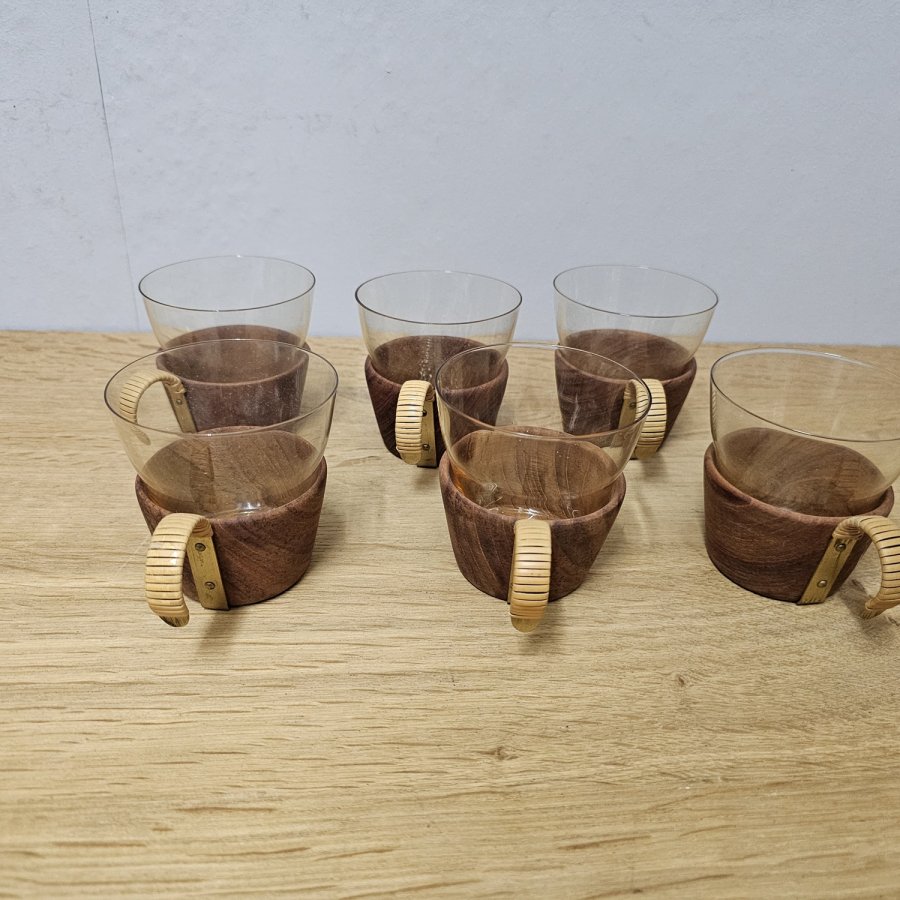 6 Midcentury Teetassen 50er Jahre Teak & bernsteinfarbenes Glas Auböck Stil