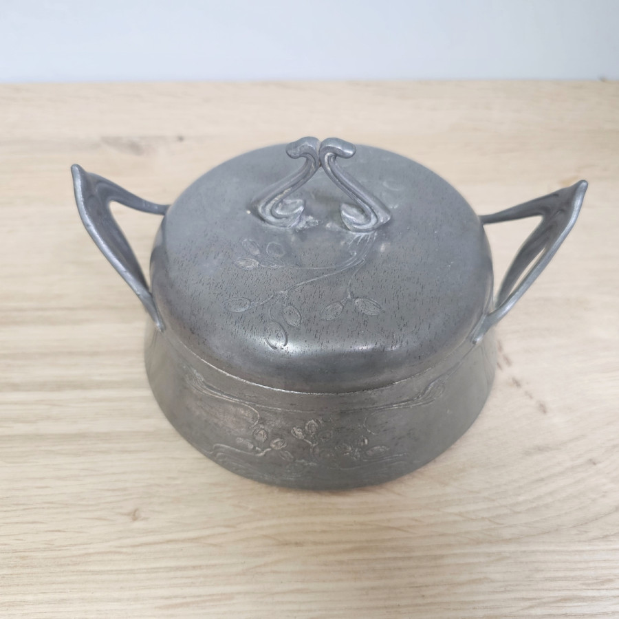 Jugendstil Zinn Zuckerdose / Kaviardose mit Glaseinsatz