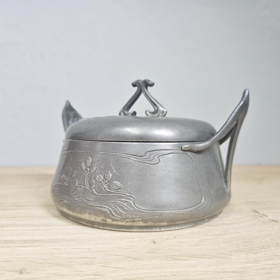 Jugendstil Zinn Zuckerdose / Kaviardose mit Glaseinsatz
