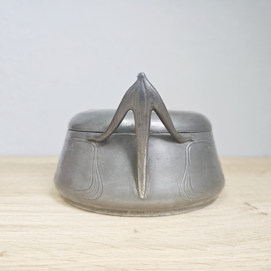 Jugendstil Zinn Zuckerdose / Kaviardose mit Glaseinsatz