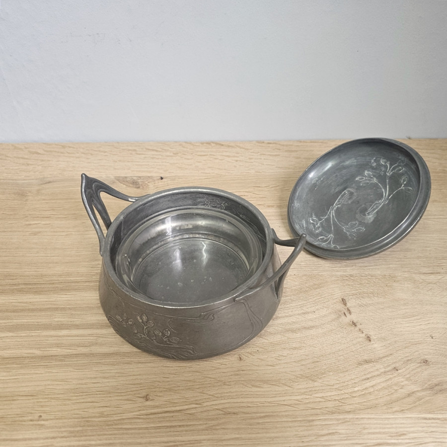Jugendstil Zinn Zuckerdose / Kaviardose mit Glaseinsatz