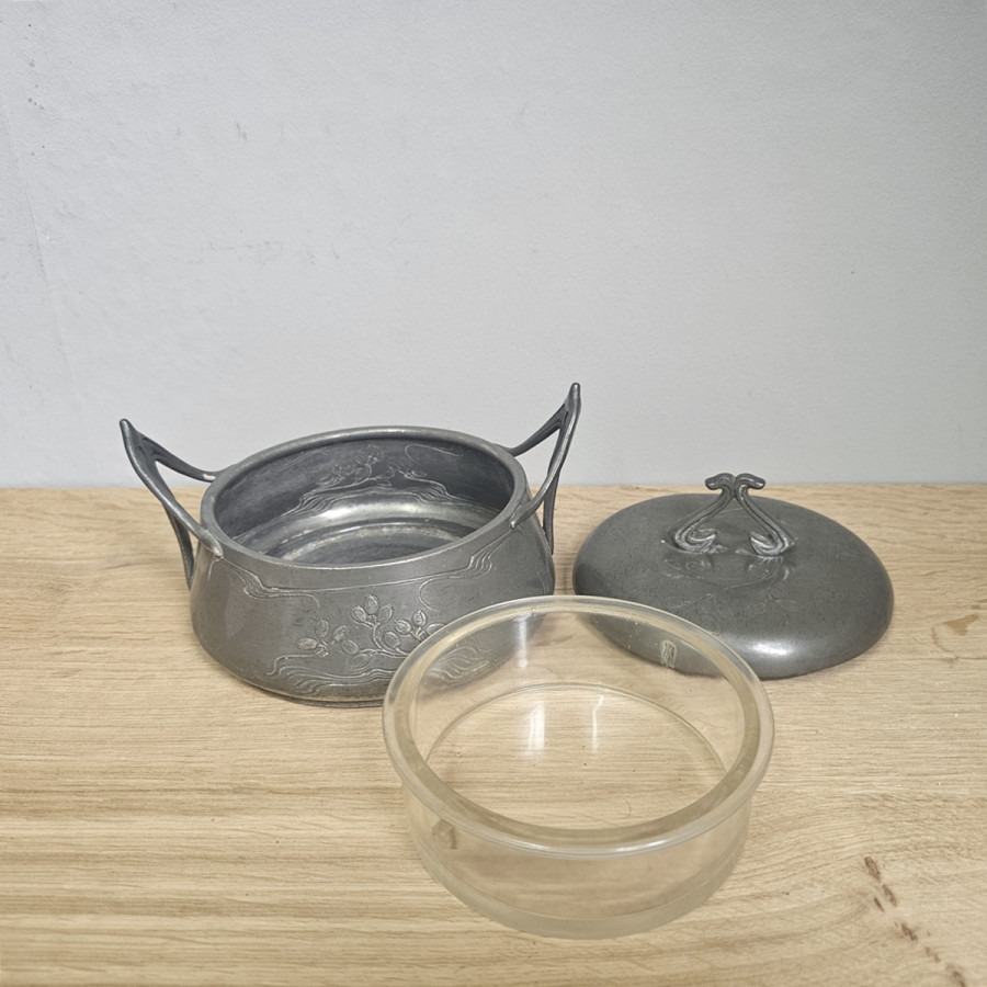 Jugendstil Zinn Zuckerdose / Kaviardose mit Glaseinsatz