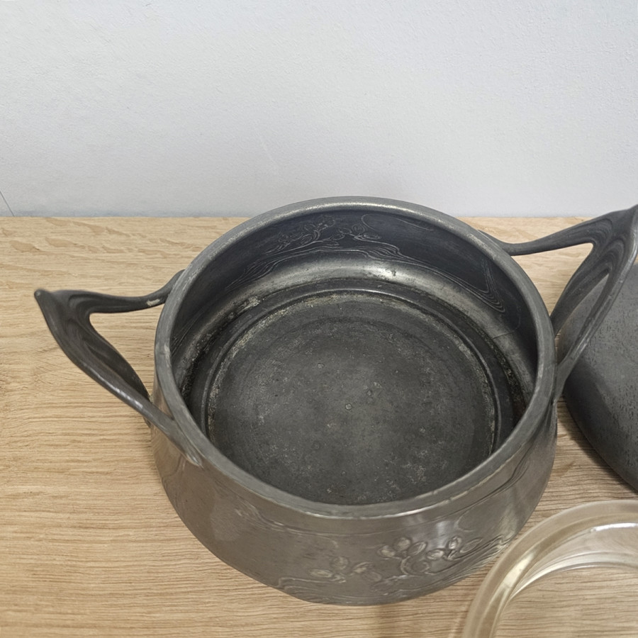 Jugendstil Zinn Zuckerdose / Kaviardose mit Glaseinsatz