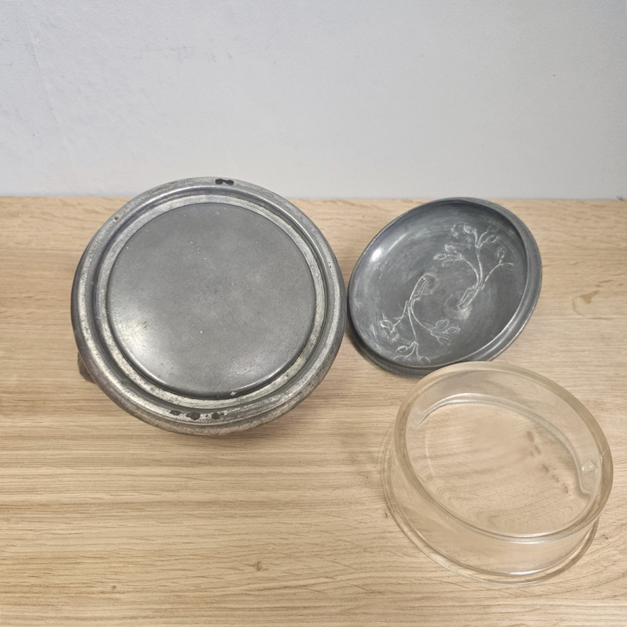 Jugendstil Zinn Zuckerdose / Kaviardose mit Glaseinsatz
