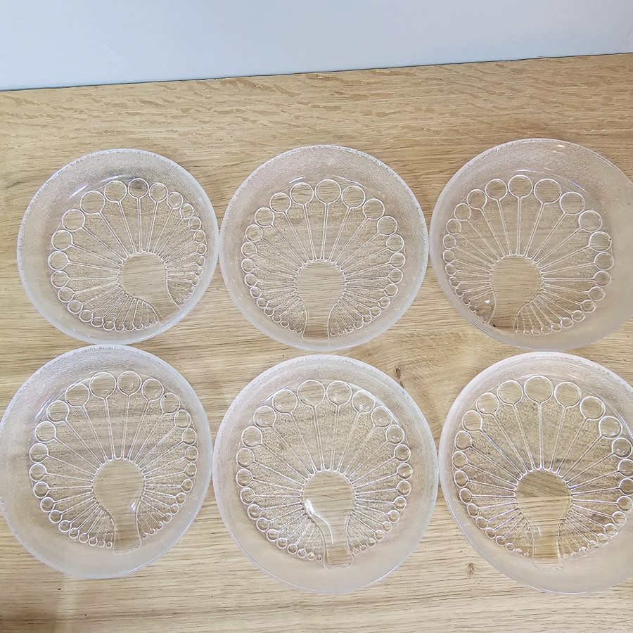 Pressglas-Set 70er | Pfau-Dekor | Butterdose, Servierplatte & 6 Schälchen | Süßmuth zugeschrieben