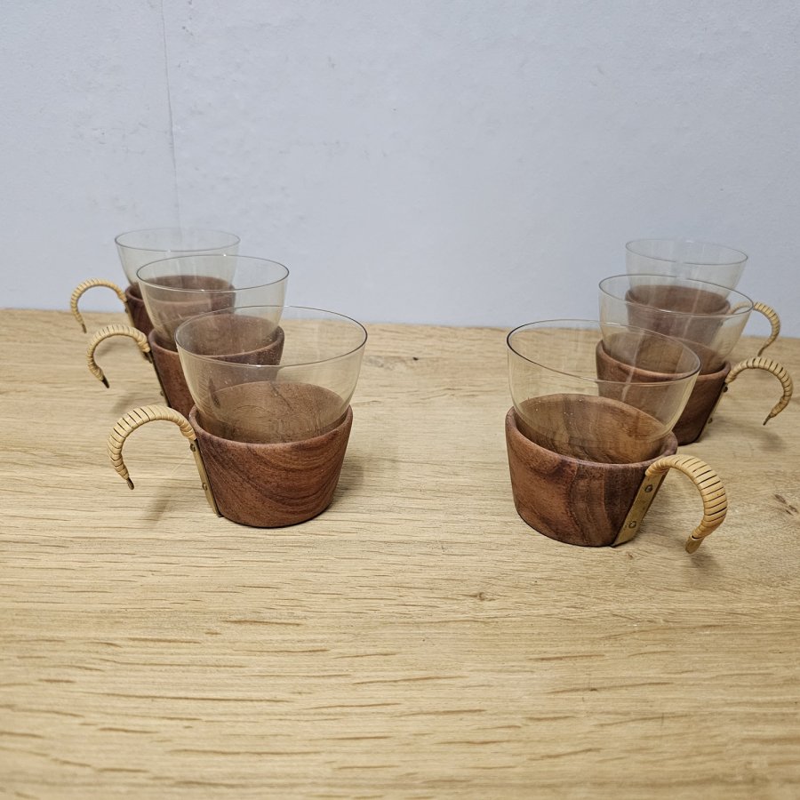 6 Midcentury Teetassen 50er Jahre Teak & bernsteinfarbenes Glas Auböck Stil