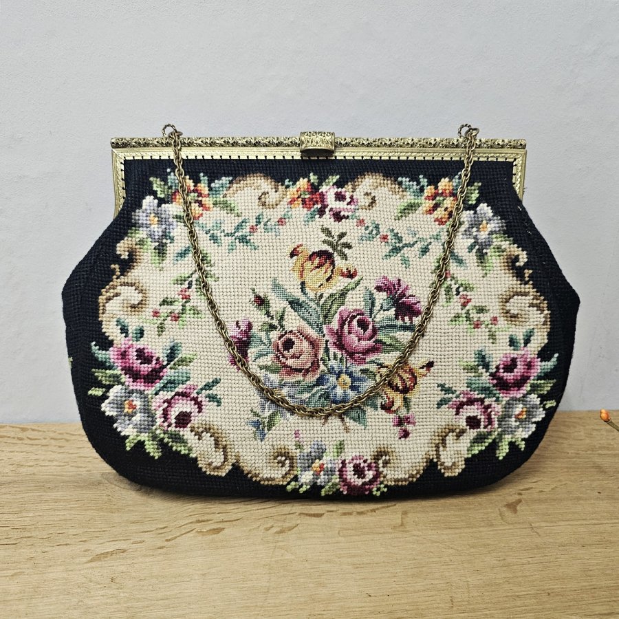 Vintage Gobelin Handtasche 60er Jahre mit Needlepoint Stickerei in Handarbeit