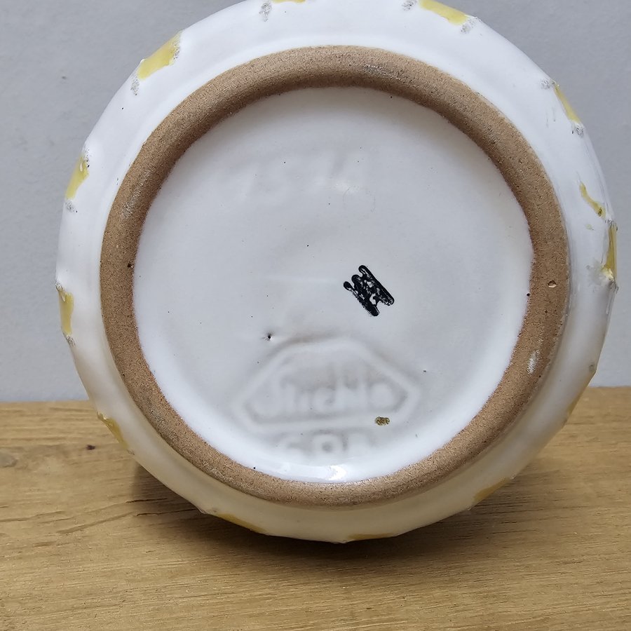 Vintage Keramikvase Strehla Form 1518 – gelb weiß gestreift – DDR 60er