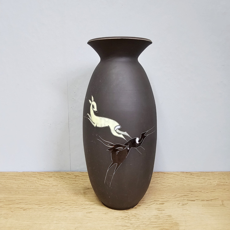Arno Kiechle Vase, 1950er Jahre, Rehdekor, Sgraffito, 32 cm