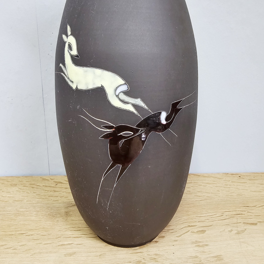 Arno Kiechle Vase, 1950er Jahre, Rehdekor, Sgraffito, 32 cm