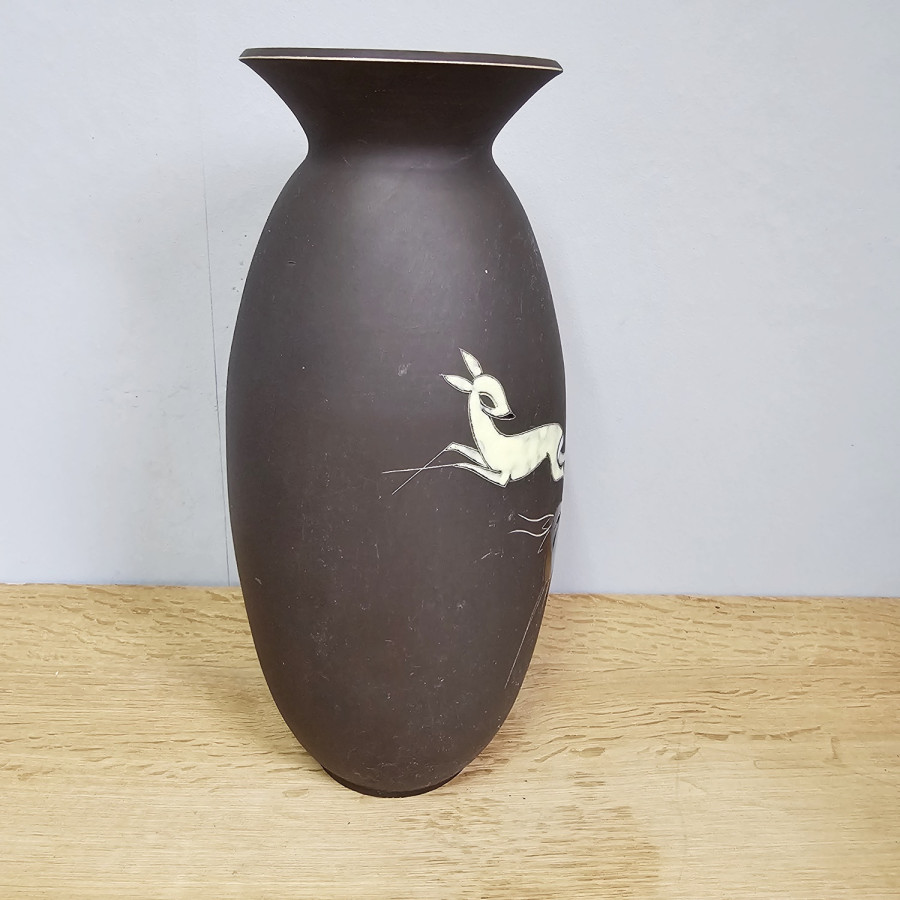 Arno Kiechle Vase, 1950er Jahre, Rehdekor, Sgraffito, 32 cm