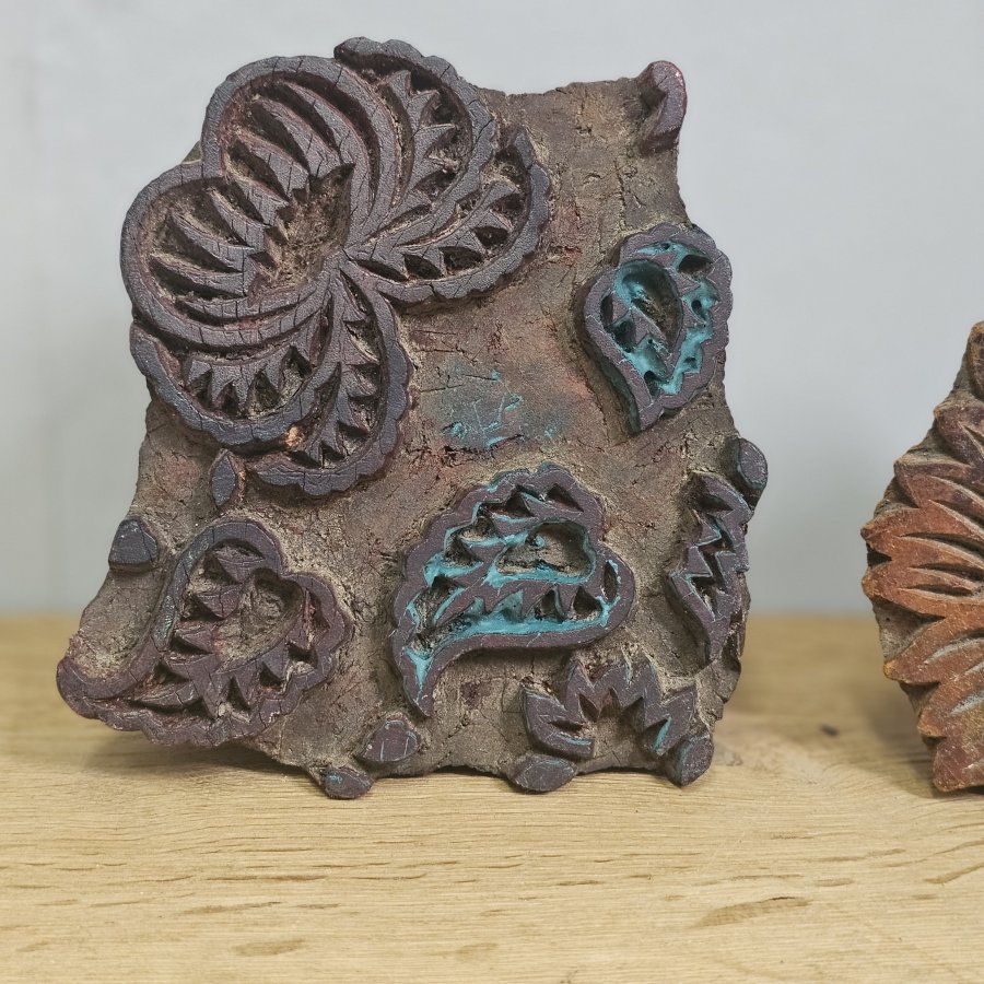 2 antique wood textile printing blocks / hand carved fabric print stamps / folk art