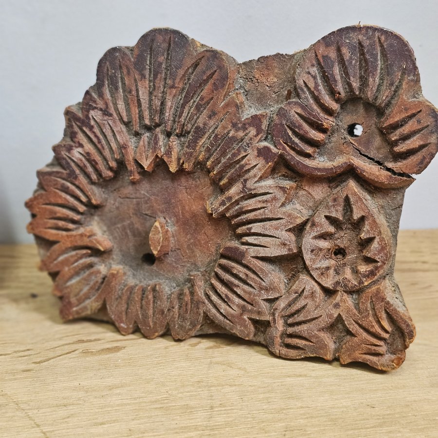 2 antique wood textile printing blocks / hand carved fabric print stamps / folk art